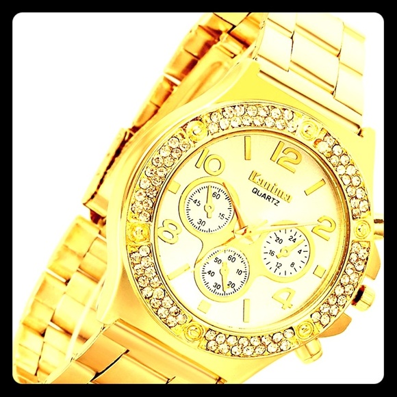 Other - Double Daul Rhinestone Bezel Gold Tone Watch